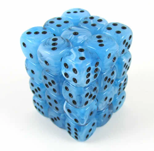 Swirl Ice Blue Dice Black Pips D6 12mm (1/2in) Pack of 36 Koplow